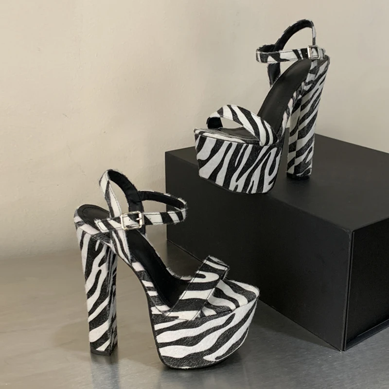 Women's Shoes New Fashion Zebra Stripe Furry Platform Sandals for Women Sexy Thick Bottom Open Toe Super High Heels Dance Shoes