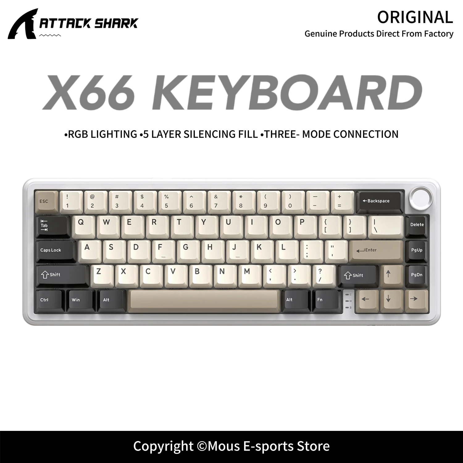 

X66 ATTACK SHARK RGB Wireless Keyboard 5-Layer Silencing Fill Gasket Structure 3000mAh PBT Keycap CNC Knob for E-Sports