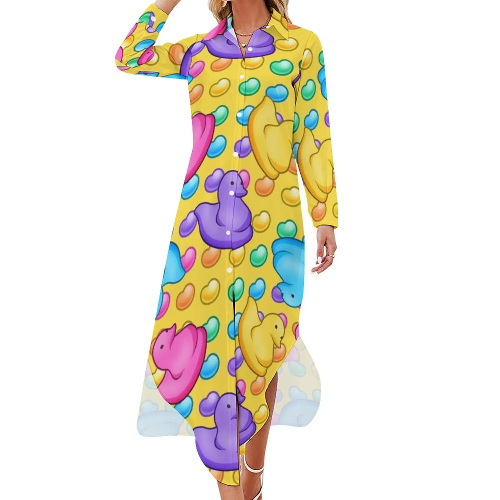 Marshmallow Peeps w/ Rainbow Jelly Beans on Yellow - Easter Peep Chick Long Sleeved Shirt Dress women long dresses