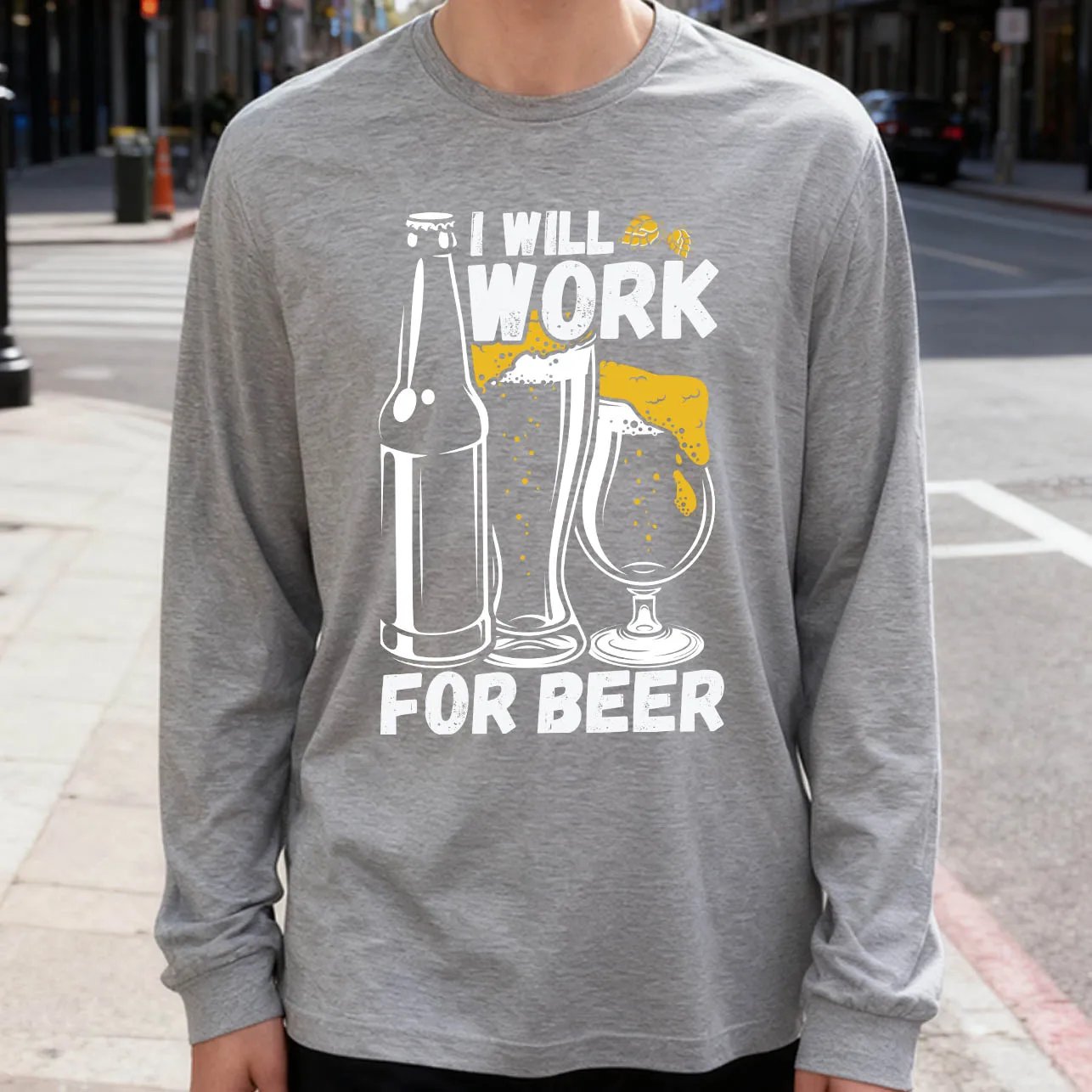 Work for Beer Men's Long Sleeve T-Shirt 180g 100% Cotton Printed Crew Neck Casual Daily Wear Soft and Breathable