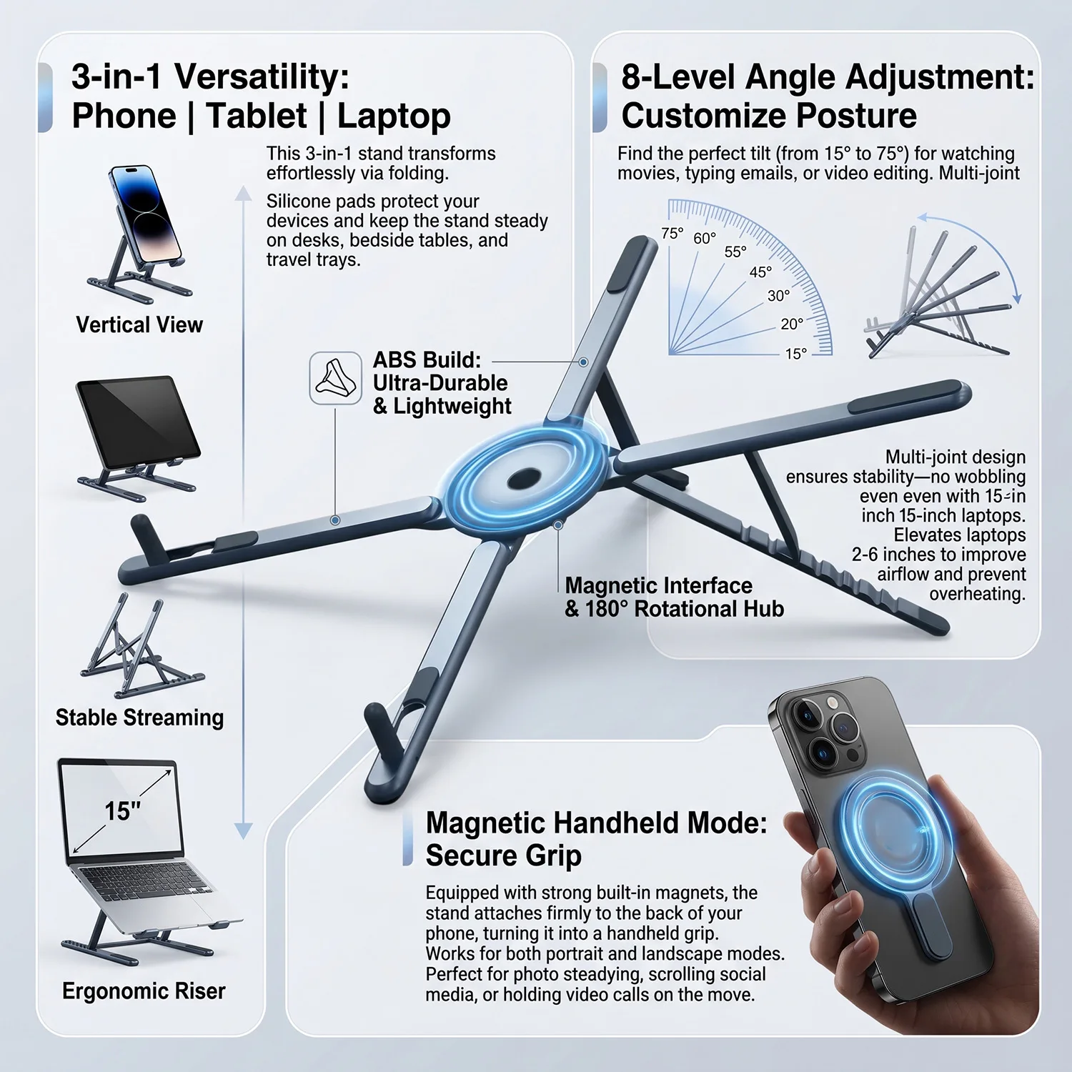 New Foldable Magnetic Laptop Stand ABS Plastic Portable Adjustable Stand Heat Dissipation Holder for Smart Phone Tablet Notebook