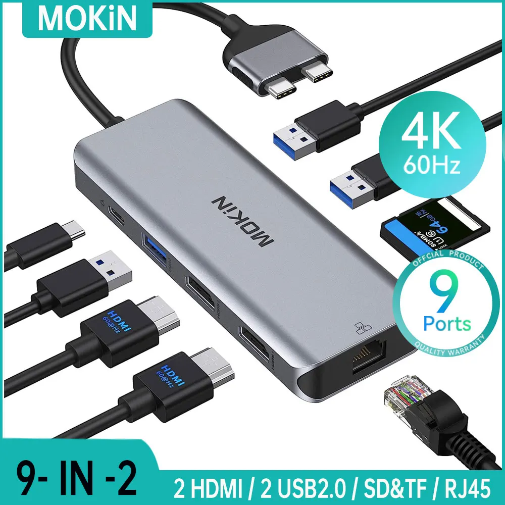 

Док-станция MOKiN, док-станция 9 в 2 типа C, двойной адаптер стандарта HDMI, интерфейс Thunderbolt, RJ45 1 Гбит/с, PD100W,SD/TF, для MacBook