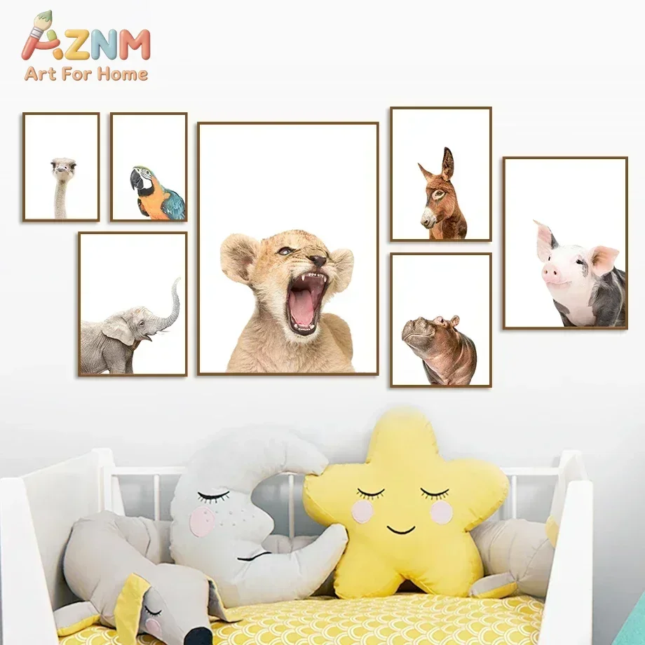AZNM Cute Safari Baby Animals Canvas Wall Art, Lion Elephant Parrot Donkey Pig Hippo Ostrich Print Poster for Kids Nursery Bedro