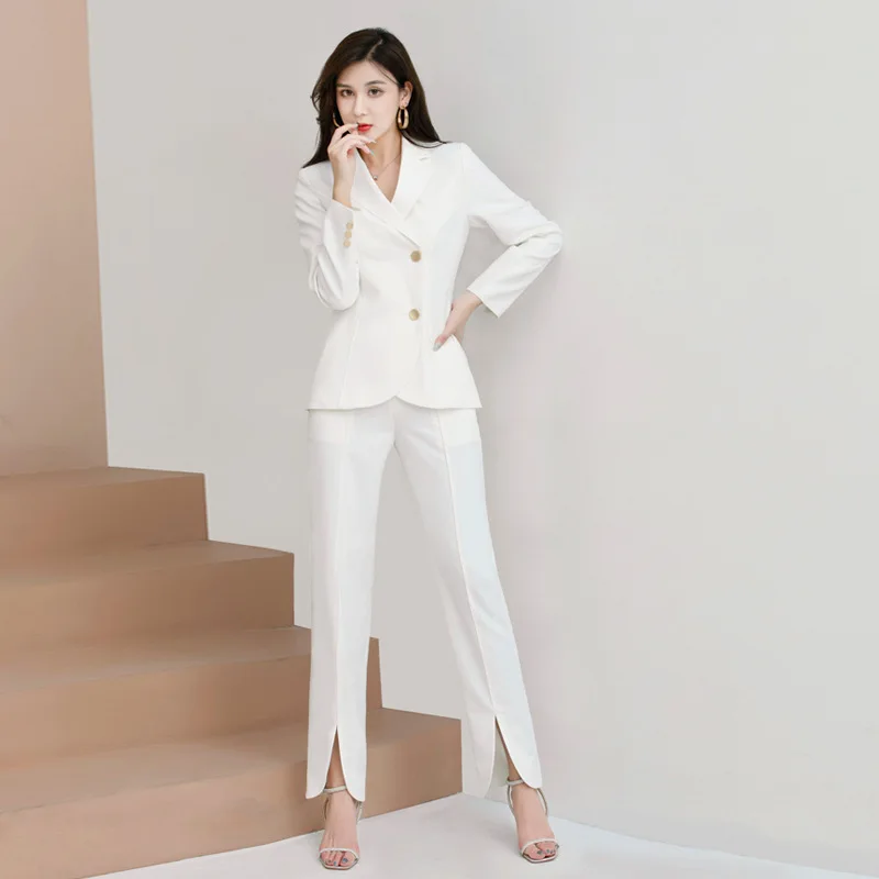 White Women Suits Office Set Elegant Blazer+Pants Spring Split Trousers Prom Dress 2 Pieces Formal Business Daily Coat In Stock