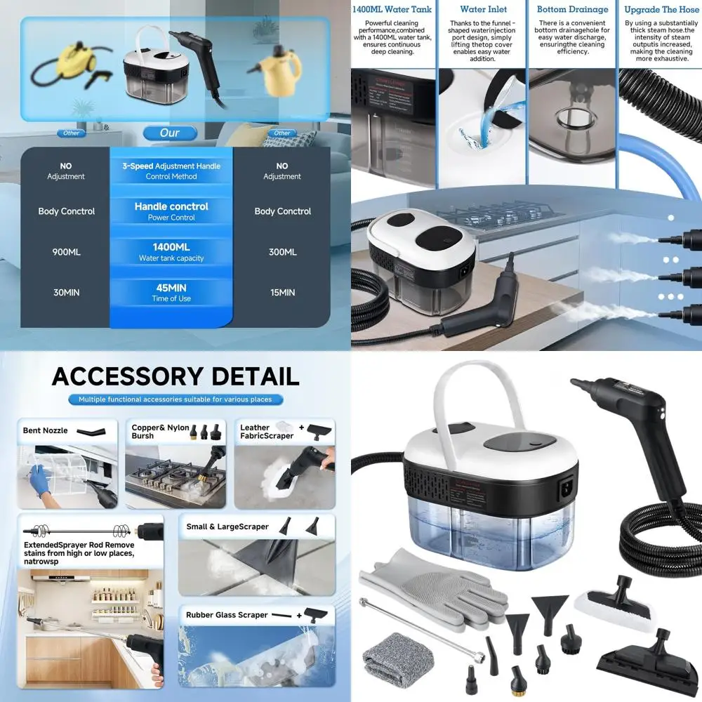 

Портативный пароочиститель с 3 режимами, мощность 2500 Вт, нагрев за 15 секунд, резервуар 47 унций, 16 насадок для уборки дома и автомобиля