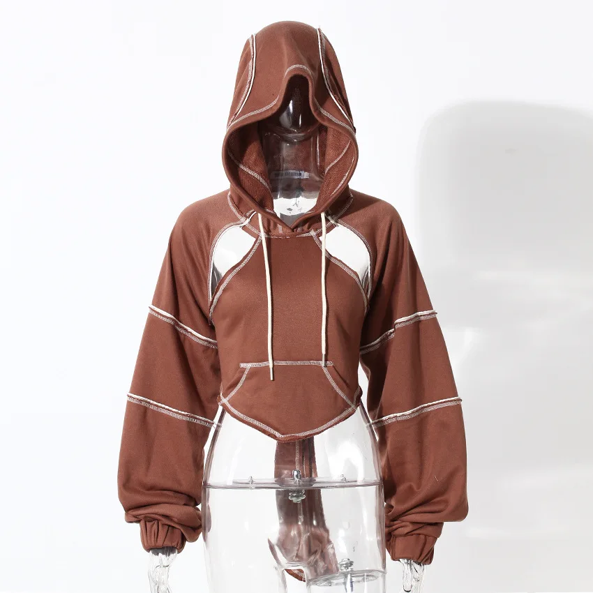 Short Hooded Sweater Pullover Spring Women's Colorblock Overlay Hollow Out Vest Hiphop Long Sleeve Backless Street Top