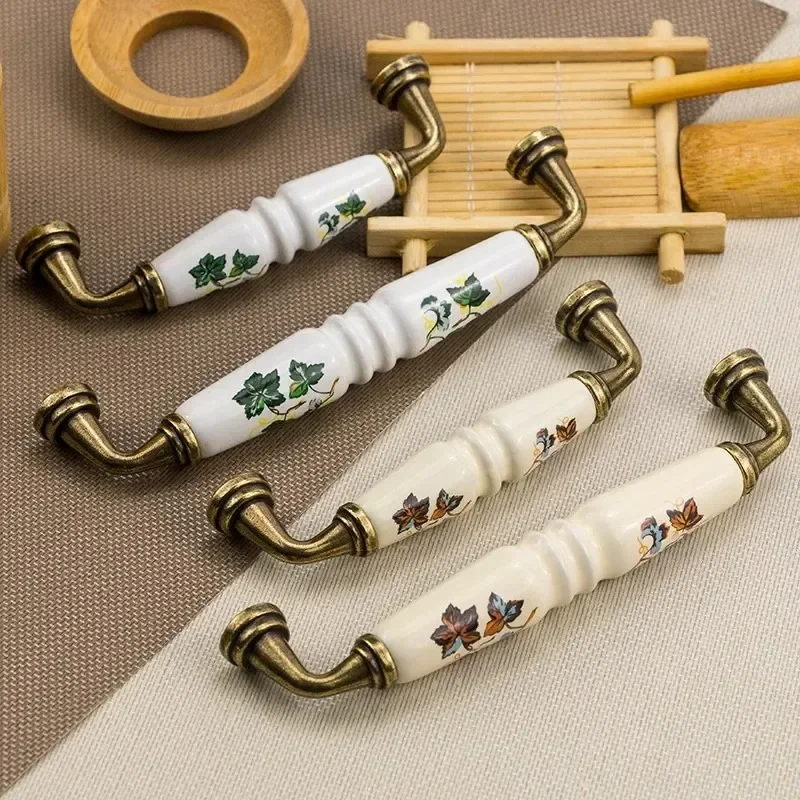 緑/赤葉キャビネット取手ドレッサーキッチン家具用プルノブ 1 個ヴィンテージ田舎セラミック引き出し食器棚ドアハンドル