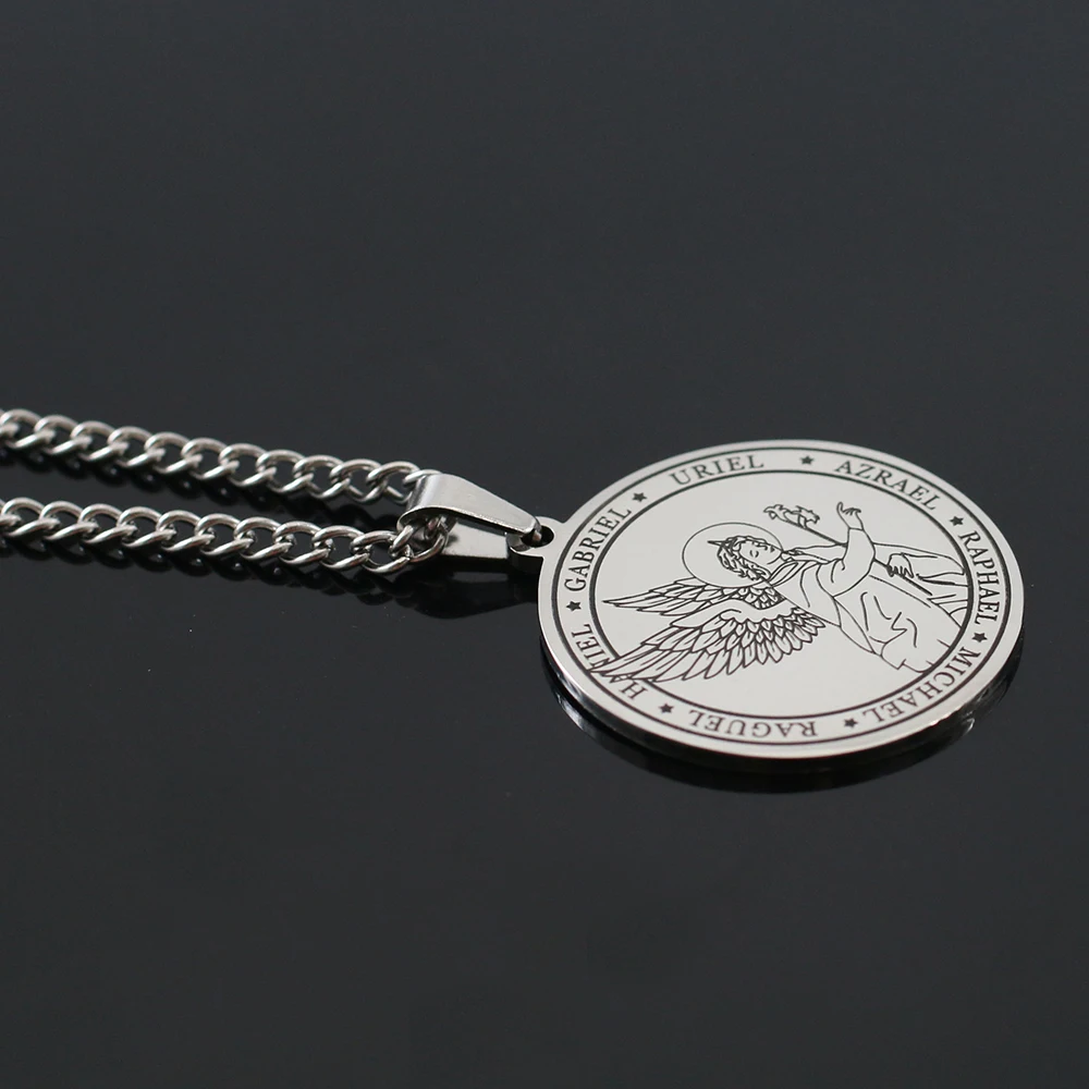Cottvott Religious Azrael Gabriel Raphael Uriel Michael Archangel Angel Wing Medal Stainless Steel Pendant Necklace Jewelry