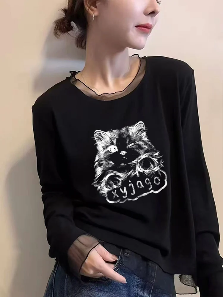 Fashionable Long Sleeve T-Shirt Women's Mesh Lace under Shirt Korean Style Autumn Winter New Arrival Slimming Top Commute Style