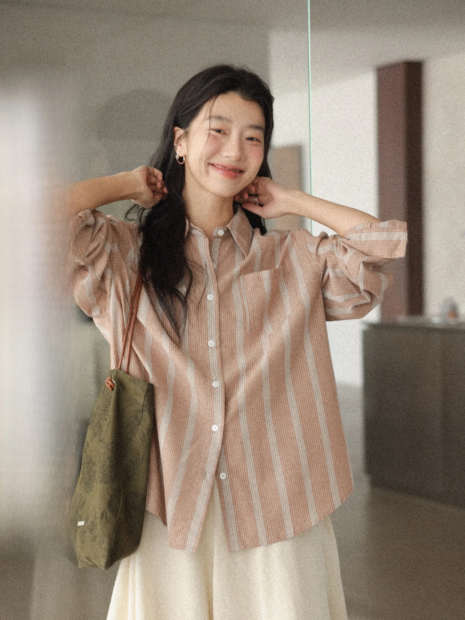 

Повседневная женская рубашка с длинным рукавом в оранжевую полоску, весна 2026, новый дизайн, дышащая, удобная, свободного кроя, модный топ