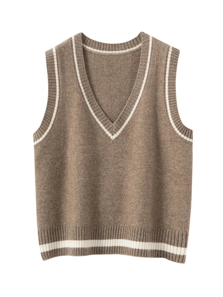

MEETCC Women 100% Cashmere Vintage Preppy Style Vest Autumn Winter Sleeveless V neck Pullover Vest Loose Soft Warm Sweater