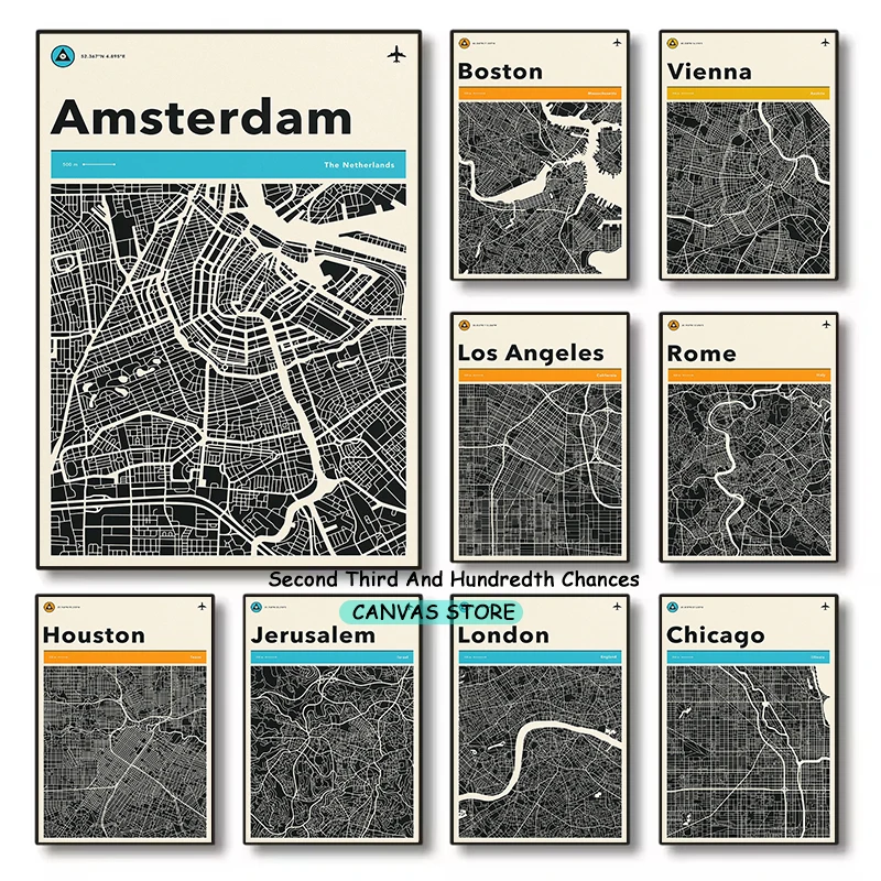 Minimalist Map Art AMSTERDAM LONDON HOUSTON JERUSALEM PORTLAND CHICAGO Dark Karte Poster Canvas Painting Wall Picture Home Decor