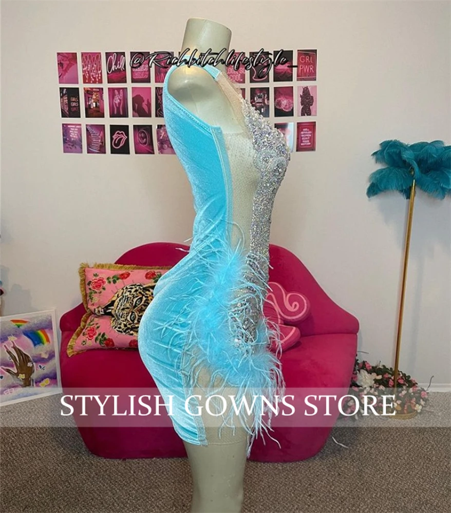 Sky Blue Short Prom Dress For Black Girl Silver Beaded Crystal Birthday Party Dresses Feathers Mini Cocktail Customized