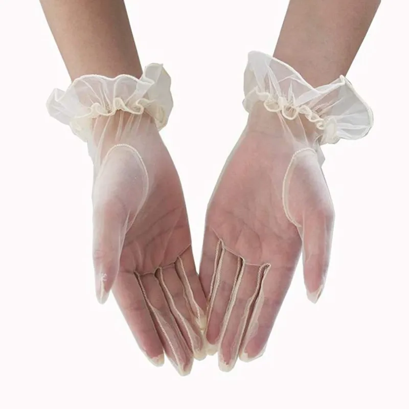 Short Tulle Gloves Women Sexy Lace Mittens Tulle Full Finger Gloves Driving Glove Transparent Mittens Wedding Bridal Gloves