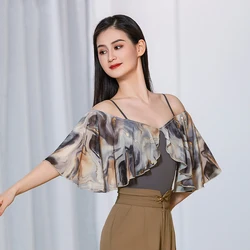 2024 New Ballroom Dance Tops For Women Summer Adult Mesh Off Shoulder Jumpsuit Chacha Rumba Tango Modern Dance Clothes DQS16948