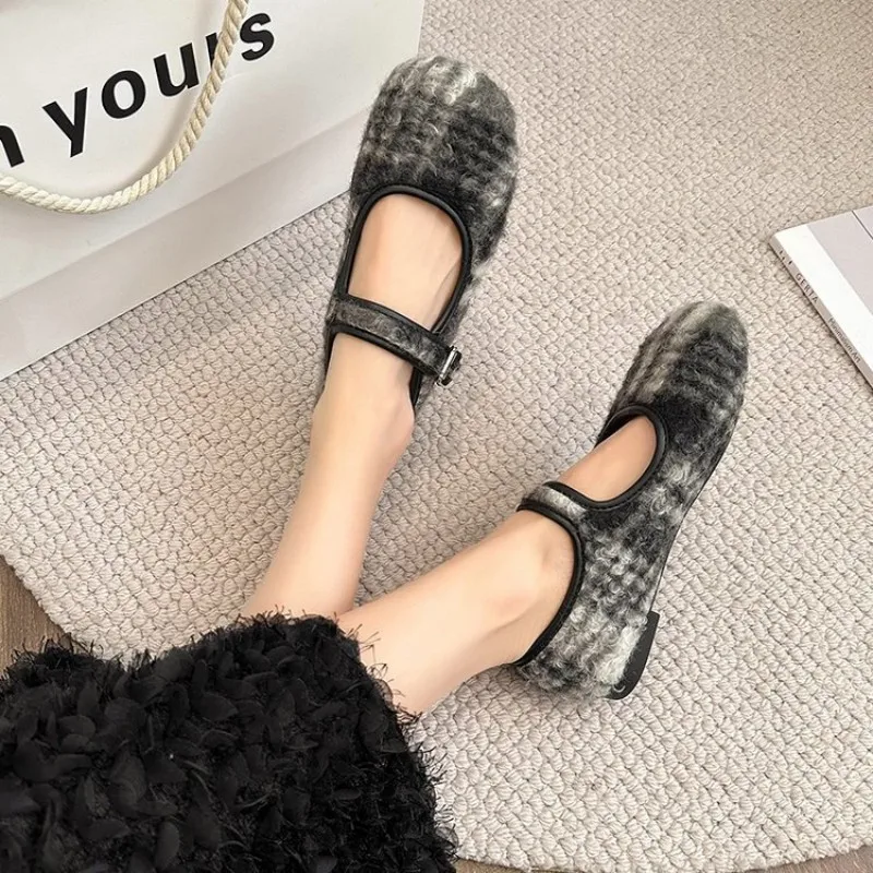 Women Plaid Fleece Mary Jane Shoes Metal Buckle Strap Flat Sole Non Slip Vintage Casual Warm Autumn Winter Daily Footwear