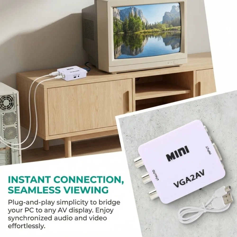 

Конвертер Plug and Play Mini VGA в AV HD 1080P с кабелем для передачи данных, аудио-видео конвертер, HD видеоконвертер для ТВ, ПК, приставки