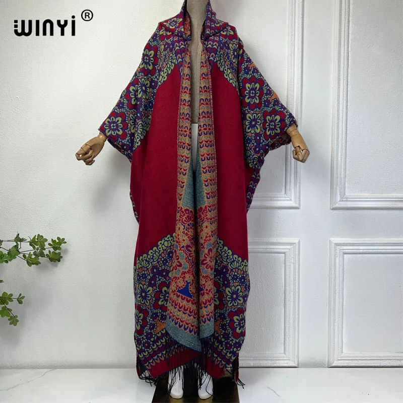 2024 nowych zimowych swetrów WINYI damskie z nadrukiem sukienka boho grubej ciepłej damskiej sukienki maxi z kapturem i mopem fashion Abaya