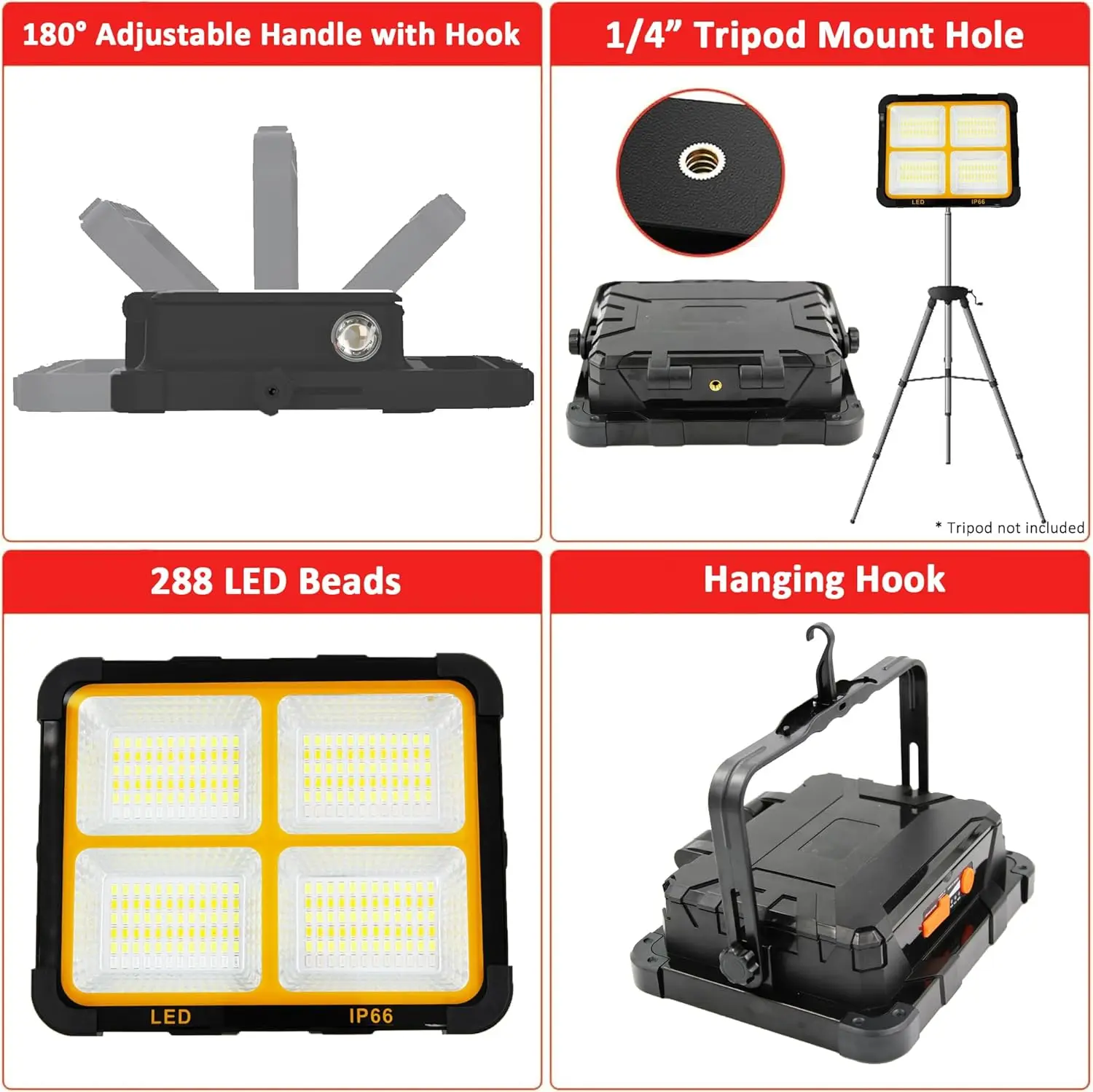 150W Portable Solar LED Work Light, 5 Modes, 10000LM, IP66 Waterproof