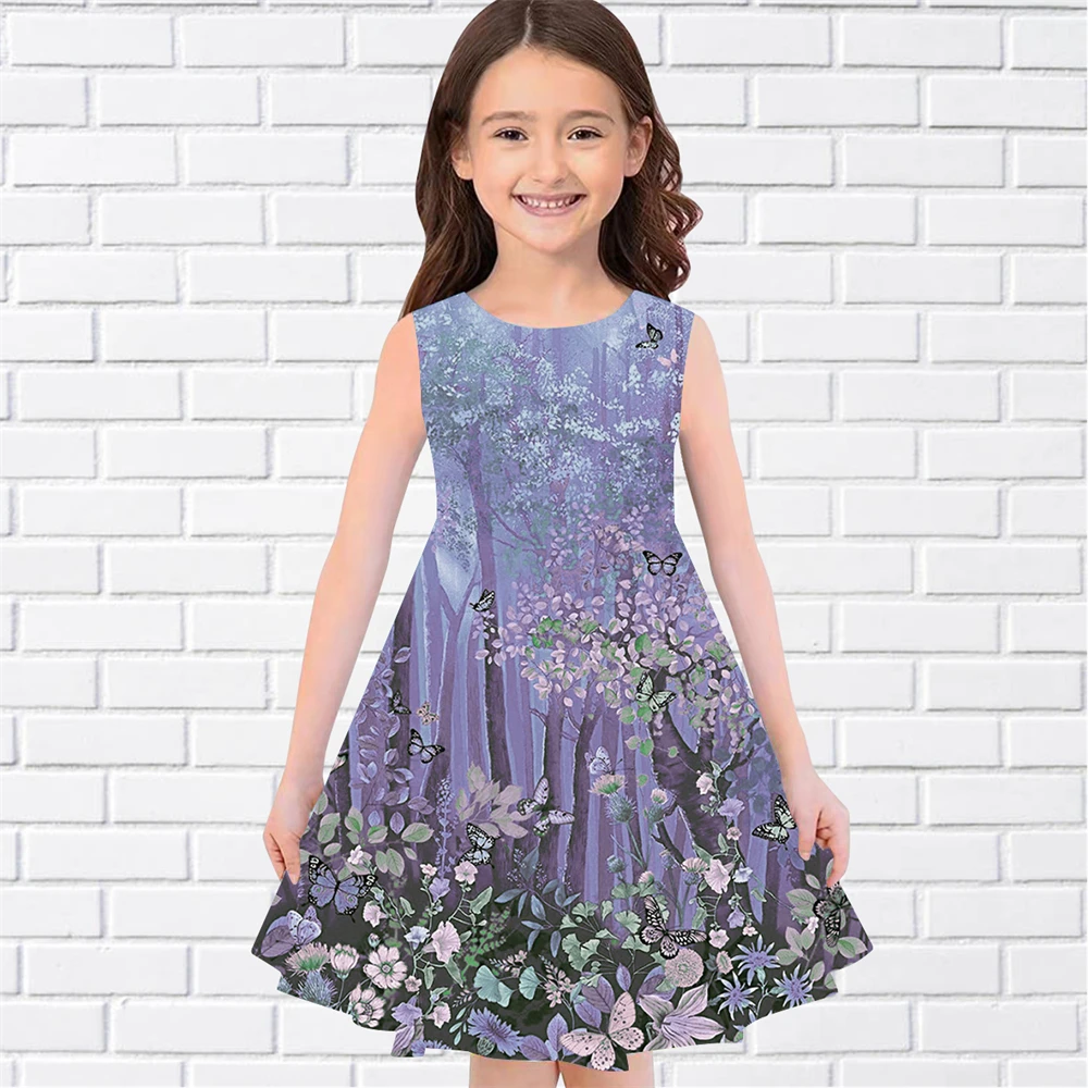 Teen Girls Colorful Flower Print Dresses Kids Girl Party Sleeveless Princess Dress Tank 3D Print Pretty Butterfly DressClothing