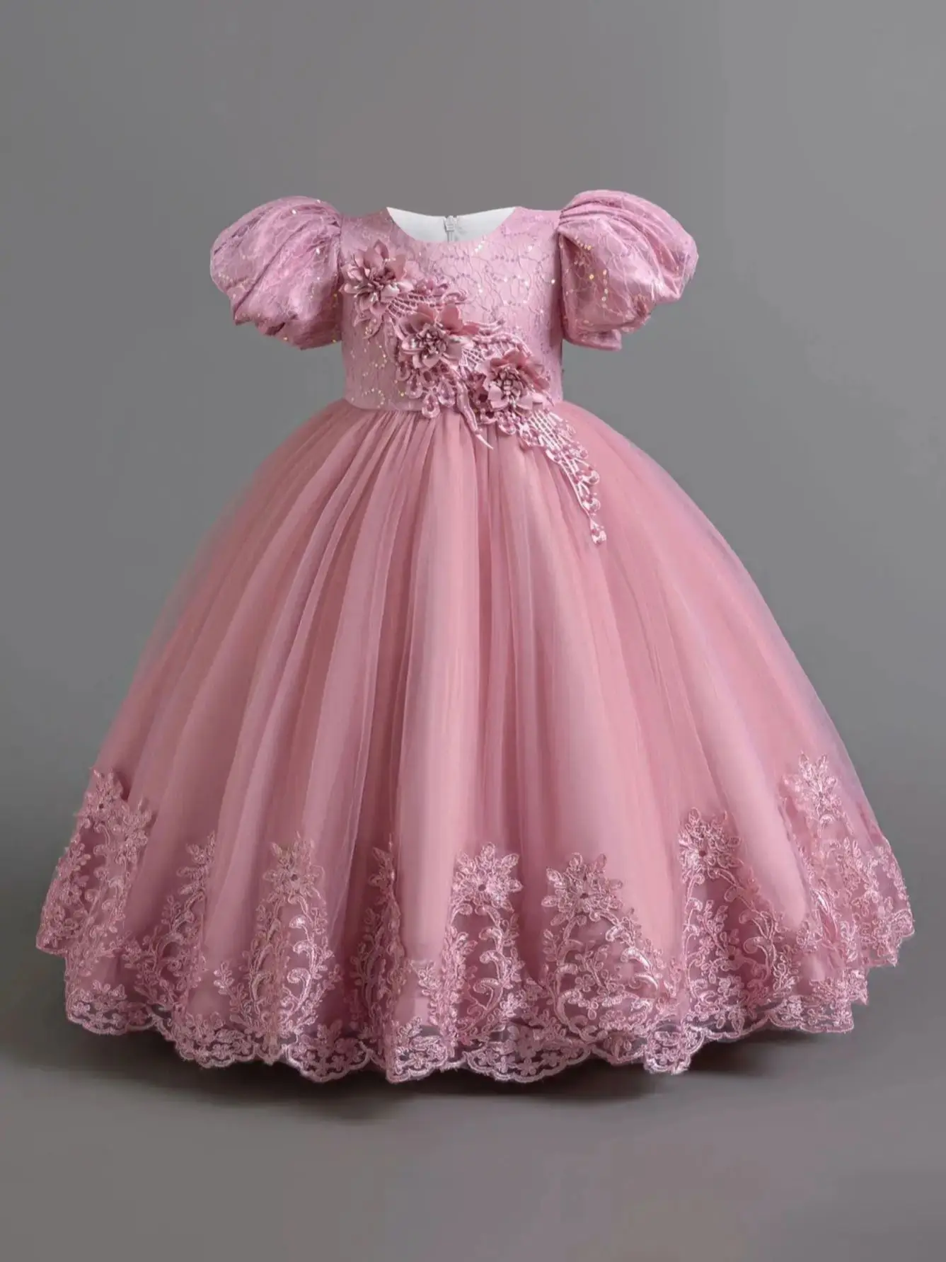 Robes de demoiselle d'honneur élégantes pour filles, manches bouffantes, Costume de mariage en Tulle, robe de princesse d'anniversaire à fleurs, robe de bal de baptême pour filles