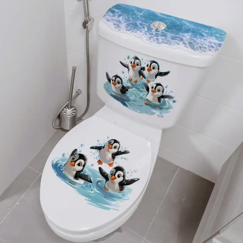 Cute Cartoon Fun Penguins Ocean Wave Toilet Seat Stickers For Kids Bathroom Home Decoration