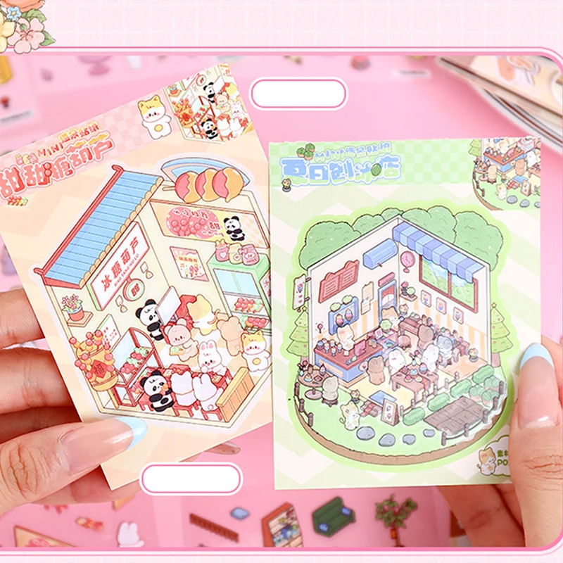 Livro de adesivos de cena em miniatura de desenho animado de 21 peças-mini materiais de diário de casa de campo 3D, decalques de colagem artesanais criativos DIY