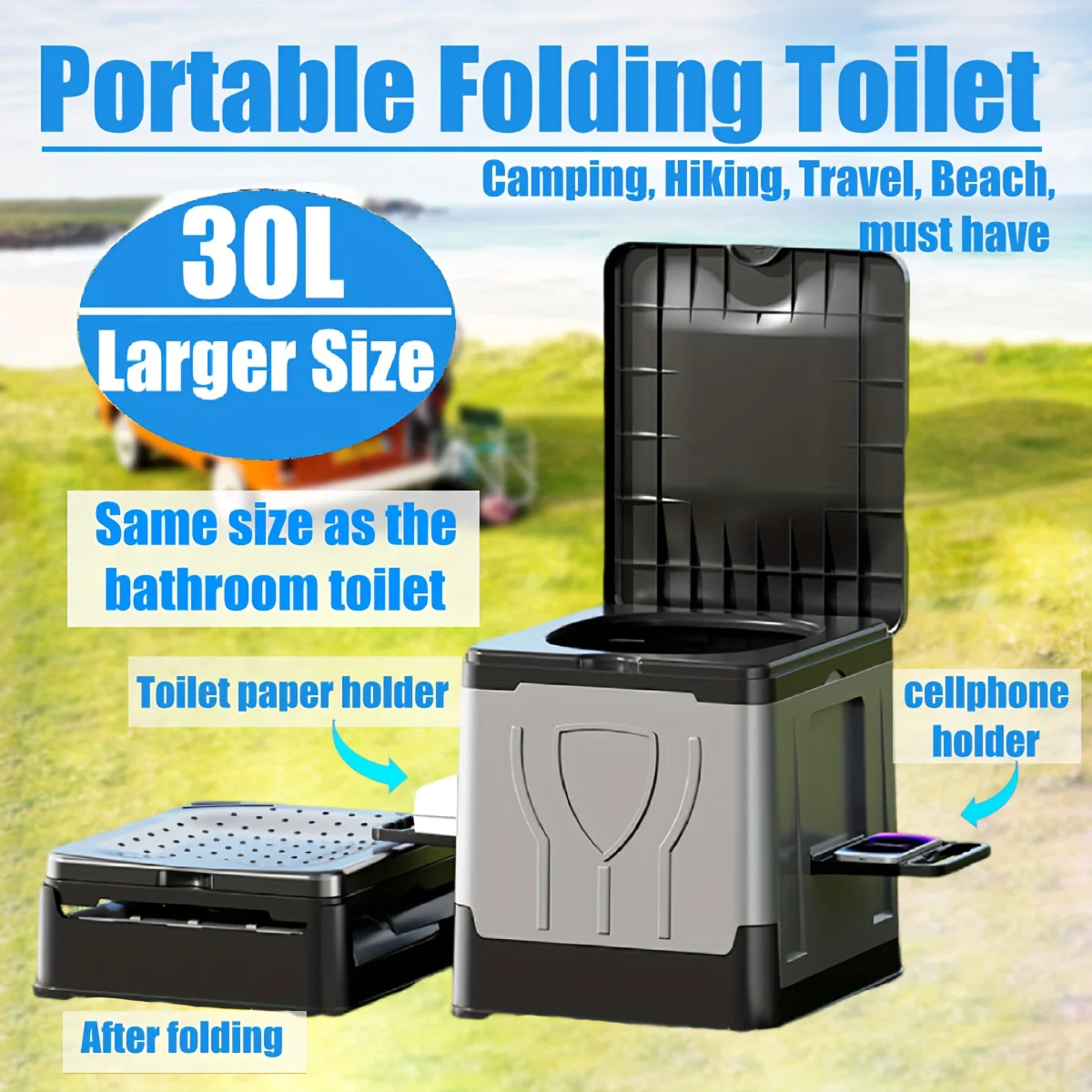 

Extra-Large Folding Portable Toilet with Lid - Perfect for Camping, Hiking, Travel & Boating