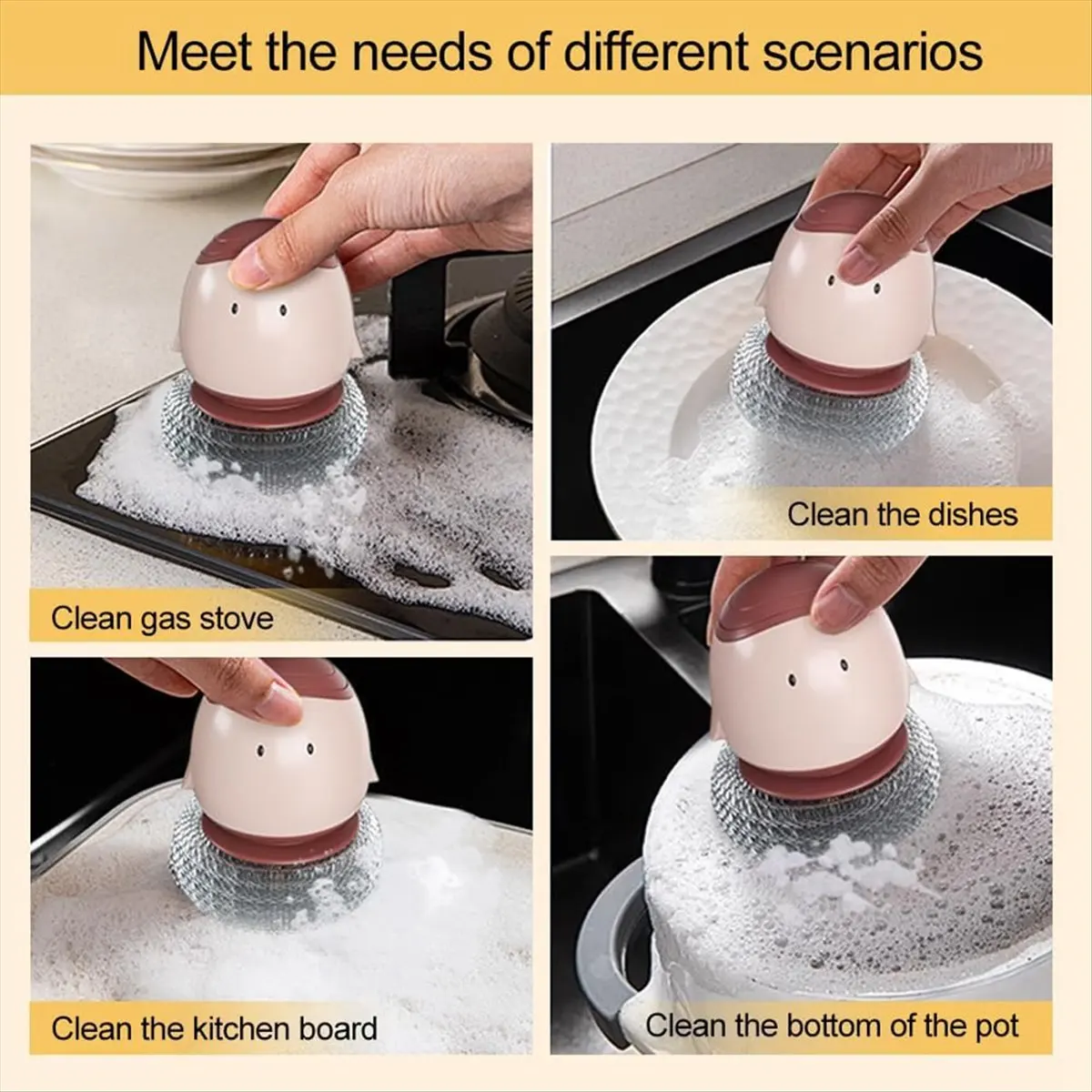 AA97 Dish Scrub Brush with Soap Dispenser Cartoon Pot Brush with Bottom Bracket Dish Pot Pan Sink Induction Cooker B
