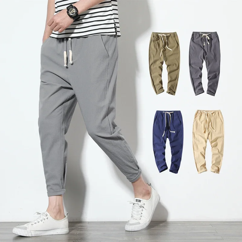 Solid Color Pants Men's Casual Linen Pants Korean Style Multi Colors Drawstring Sport Classical Jogger Men's Sweatpants Trousers