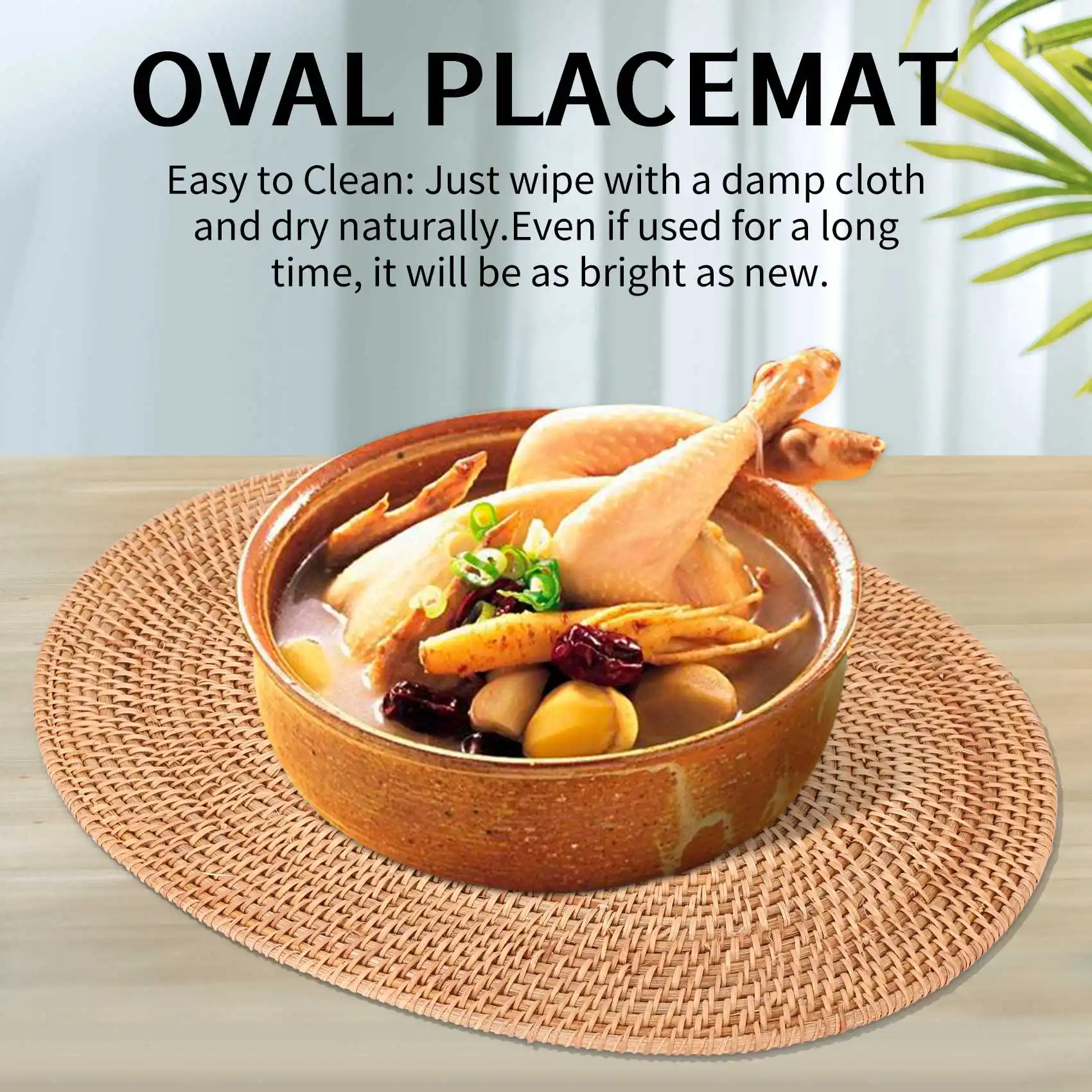 A9oP- Rattan Woven Placemats Oval Round Table Mats Non Slip Heat Resistant Place Mat Natural Multipurpose Placemat 30X40cm - Image 2