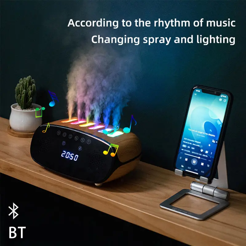 2024 Newest Bluetooth Speakers Music Essential Oil Diffuser Home Portable LED Clock Wood Grain Dynamic Humidifier Aroma Machine