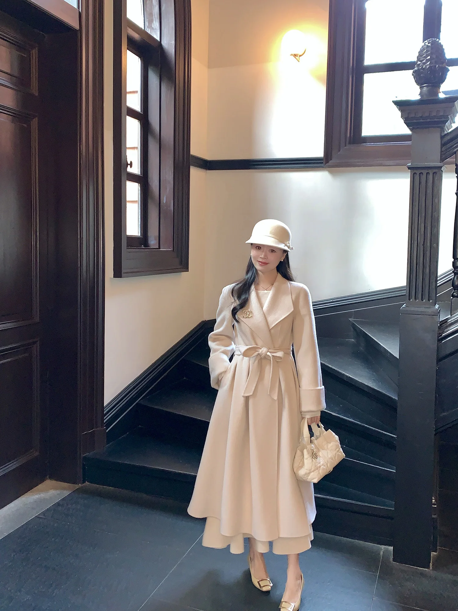 

Wang Han Yan Double-Faced Woolen Coat Long Slimming Belted Women's Winter Outerwear Straight Cut Thi Long Sve Commute Sle