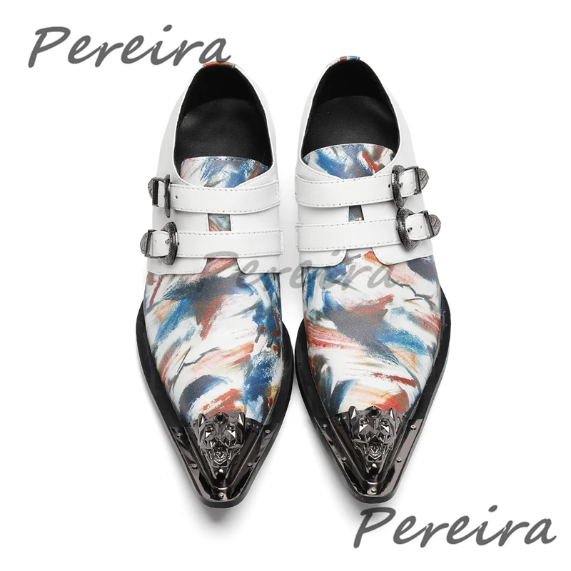 

British Style Colorful Graffiti Belt Buckle Men Shoes Trend White Cow Leather Party Shoes Iron Pointed Toe Casual Business Shoes