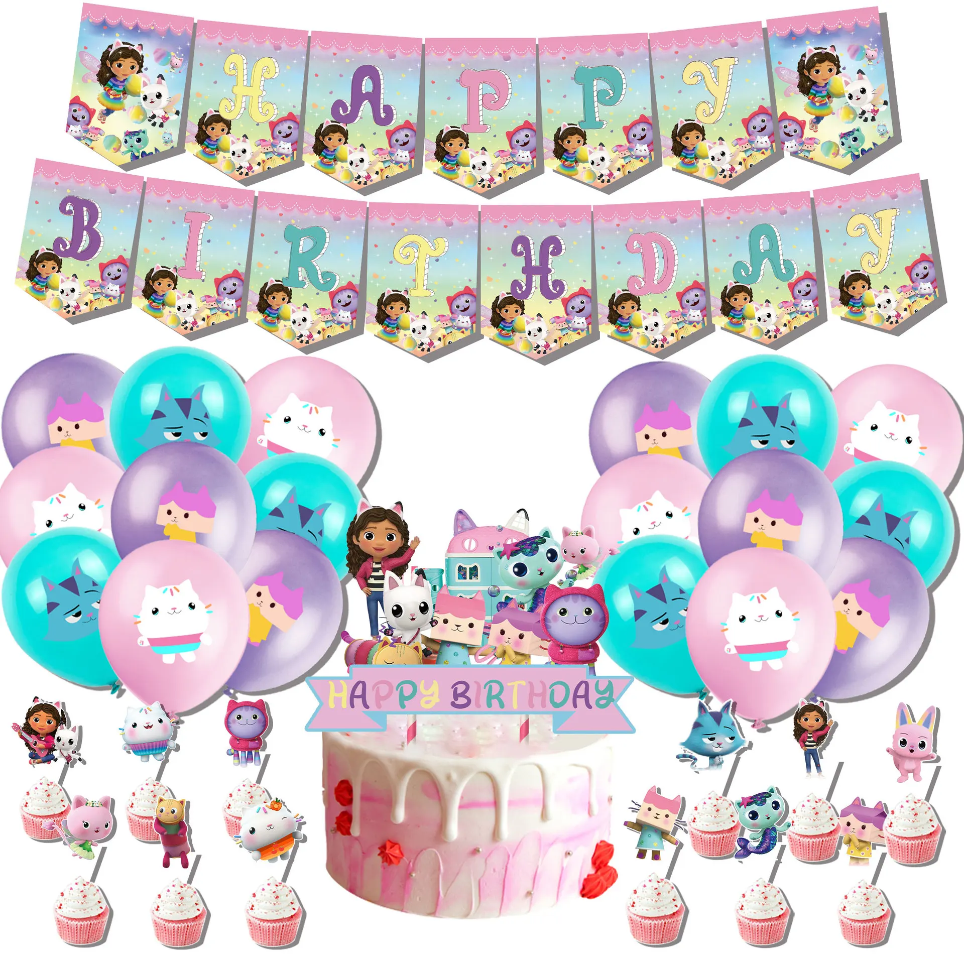 Decoratie Feest Birthday Decorations Cartoon Amnimal Party Pink Purple Supplies Balloon Gift Cake Tool Children's Day Accessory