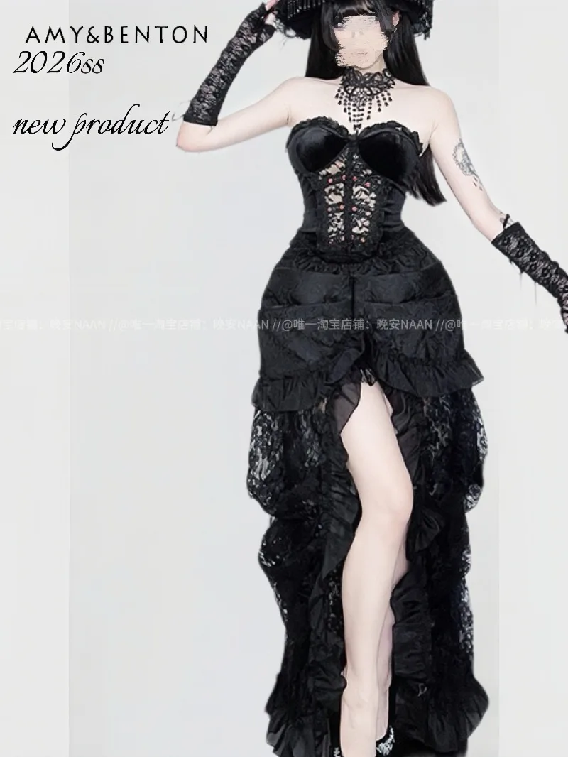 

Subculture Dark Gothic Girl 3D Rose Embroidery Lace Patchwork Strapless Velvet Top Ruched Slim Sexy Skirt Two-Piece Set Women