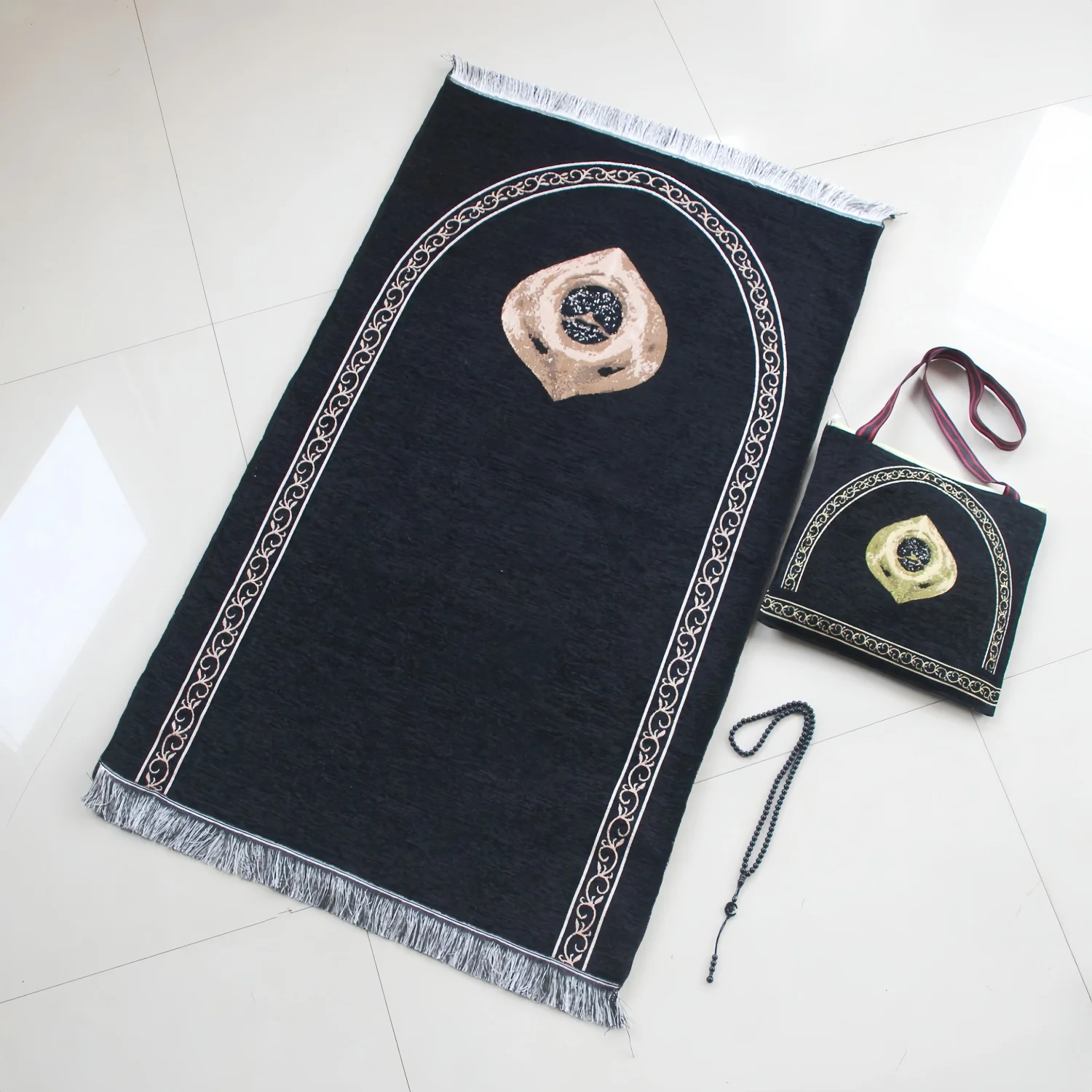 Two-piece set: Black Chenille prayer mat with Kaaba print, prayer beads, paired with a matching Chenille storage bag