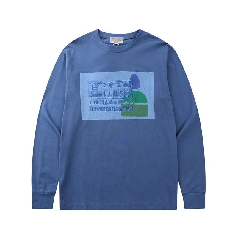 Plant indigo dyed Japanese retro Harajuku embroidered round neck sweatshirt casual long-sleeved T-shirt loose men's top