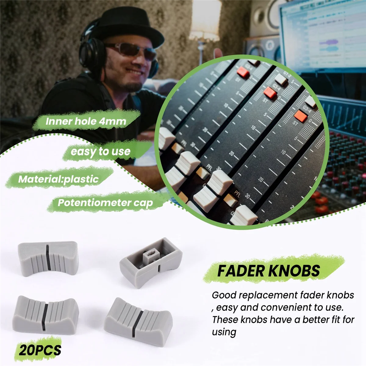 20 peças 24mm x 11mm x 10mm console misturador slider fader botões substituição para potenciômetro botão cinza marca preta