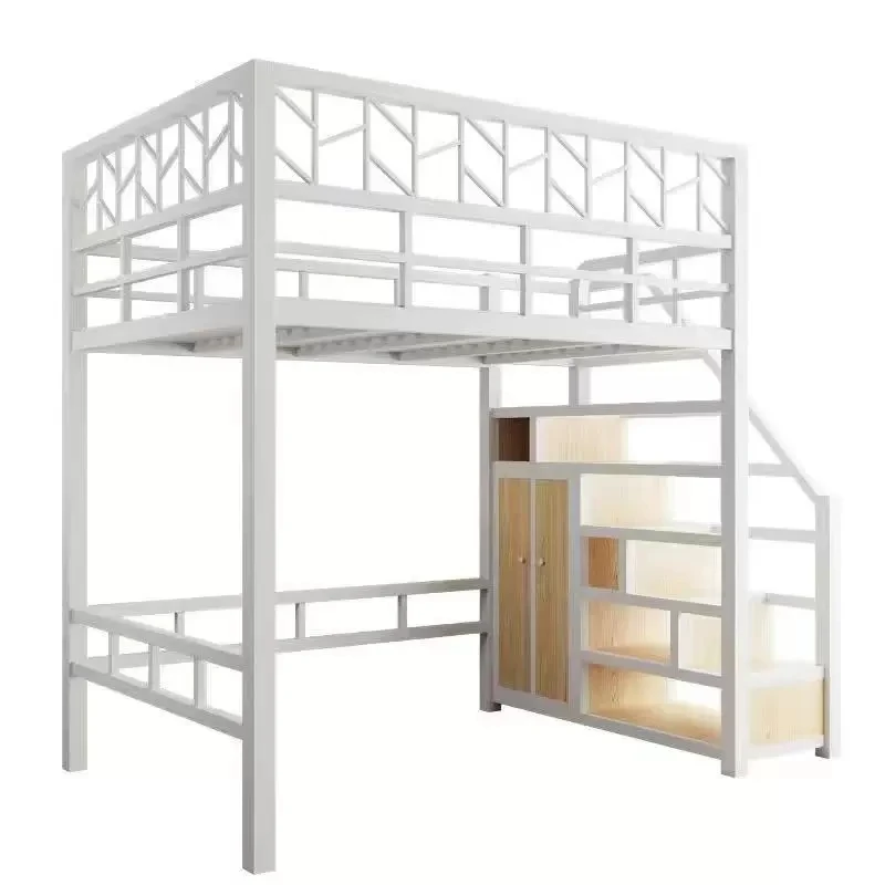 

Wrought Iron Bed with Bookshelf Adjustable Height Dorm Bed Space-Saving White Ladder Cabinet Bed