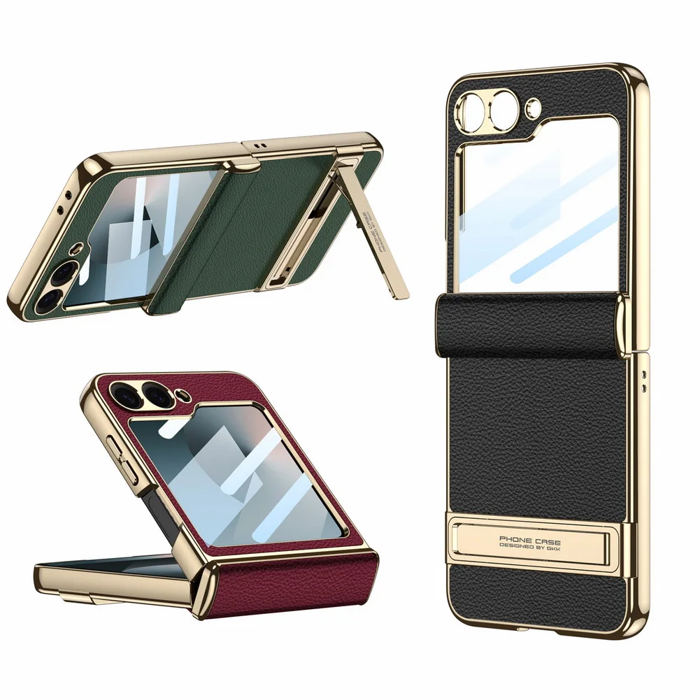 Etui z prostym skórzanym wykończeniem, ramką i uchwytem do Samsunga Z Galaxy Flip 7 FE 6 5 5G z szklaną folią ochronną.