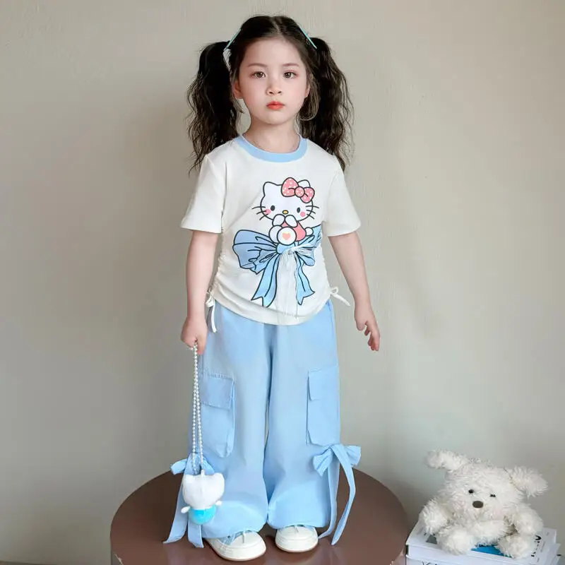 

Girls Summer Bow Short Sleeved Pants Set Girls New Waist Cinching T-Shirt Children's Fashionable Workwear Pants Two-Piece Set