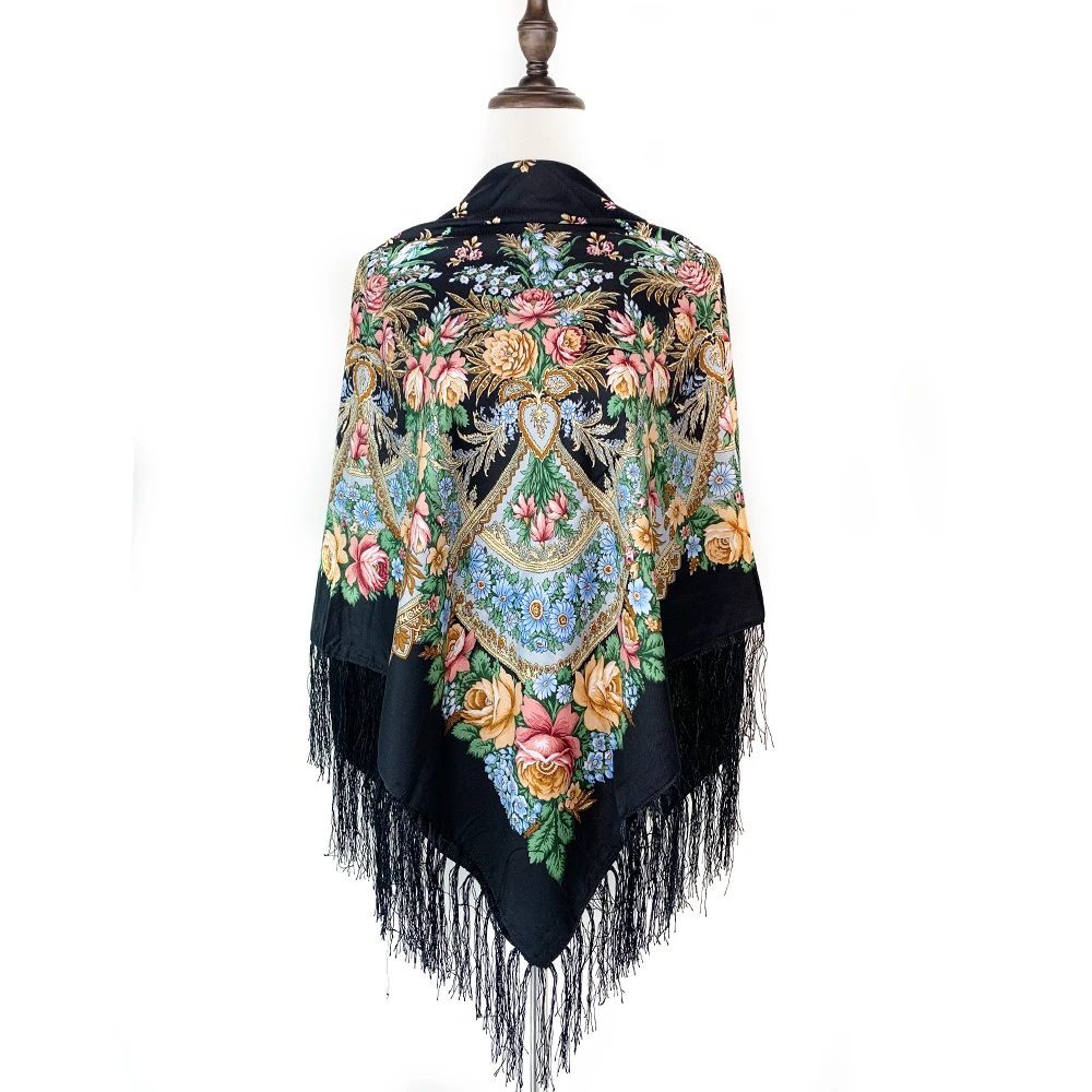 Luxury Floral Print Russian Scarf Women Retro Fringed Square Bandana Scarves Ukrainian Shawl Babushka Handkerchief Head Wraps