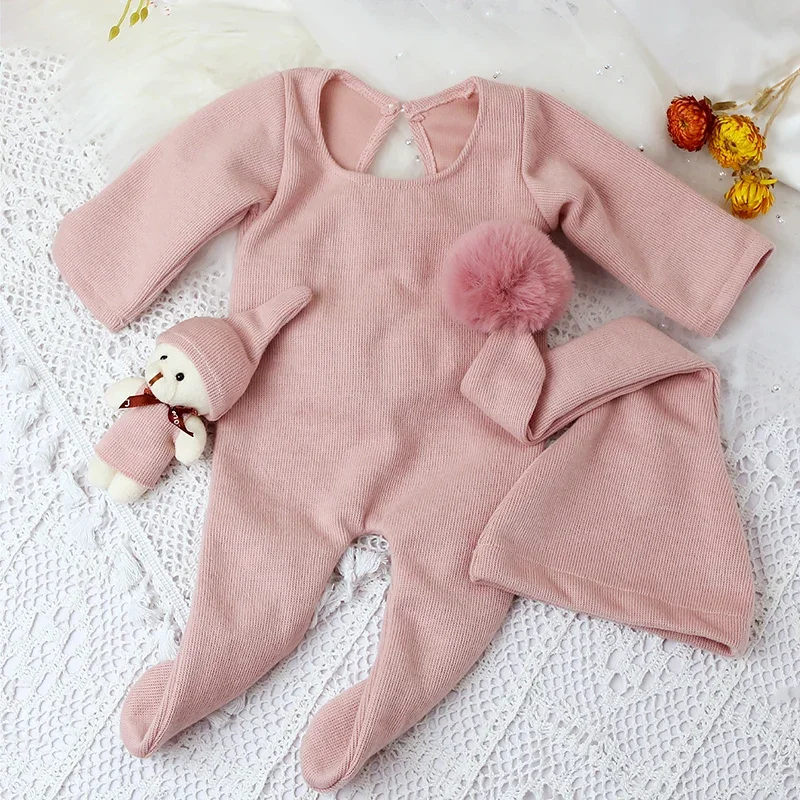 Ylsteed 3 Pieces Set Newborn Jumpsuit Tail Pom Hat Set with Mini Doll Pink Baby Photography Outfit New born Girl Photo Props - view 6