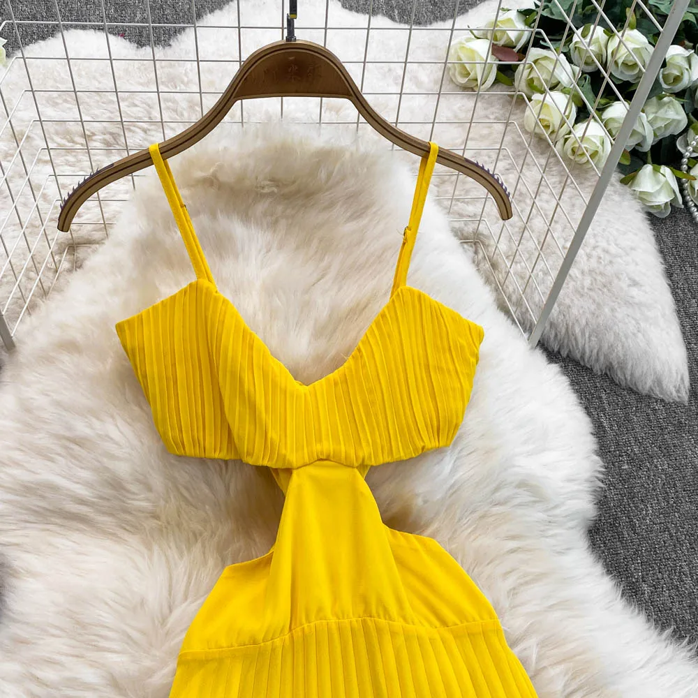 Vestido largo amarillo Tropical para vacaciones en la playa para mujer, vestido plisado de gasa con cintura hueca, vestido con vuelo fluido, vestidos bohemios para banquetes y cena
