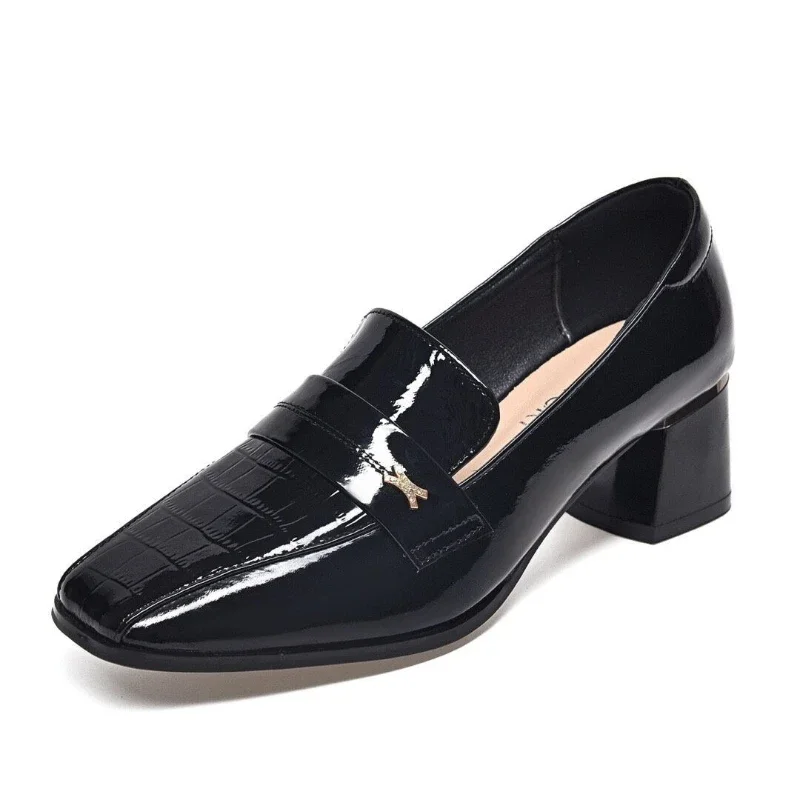 Brand Women's High Heels Square Toe Patent Leather Women Shoes Designer British Style Loafers Fashion Shallow Mouth Women Pumps