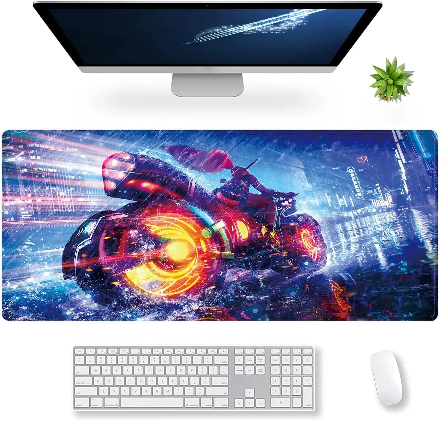 لوحة ماوس ألعاب كبيرة ممتدة لفتاة الدراجة النارية في مدينة الخيال العلمي مقاس XXL لوحة مفاتيح ماوس حصيرة لوحة مكتب 35.4 × 15.7 بوصة