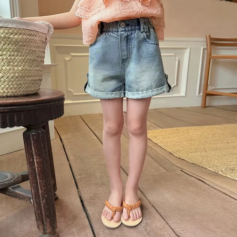 Girls' Denim Shorts Summer New Style Stylish Loose Fitting Casual Simple And Versatile Rolled Edge Children's Pants Trend