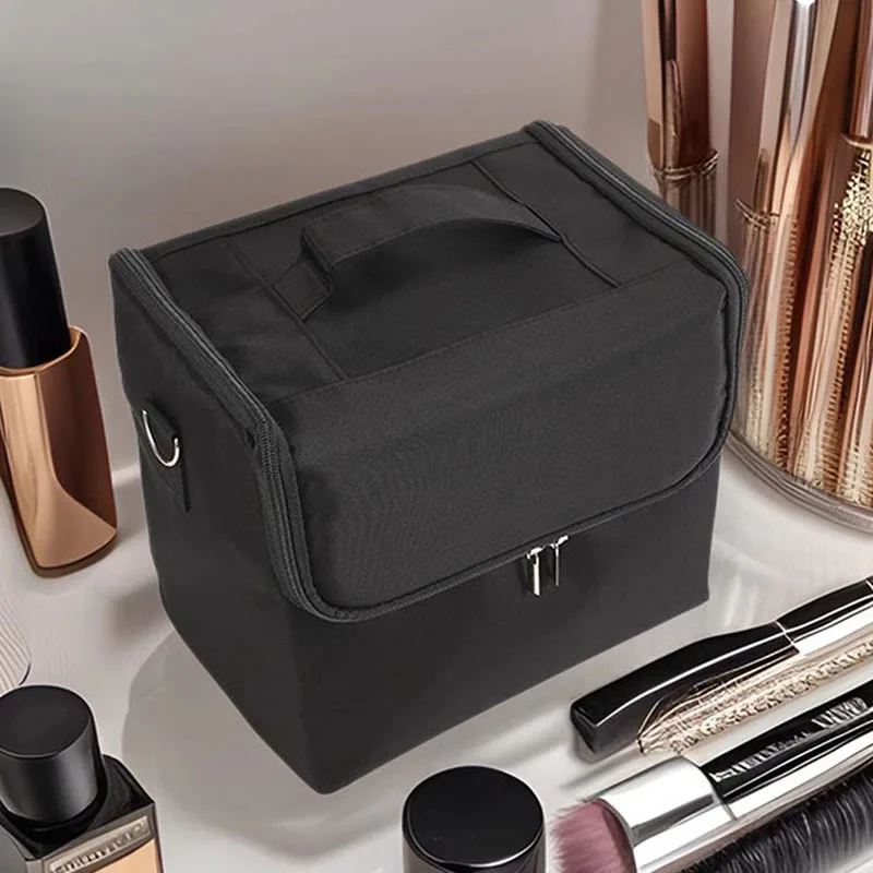 Large 3-Tier Makeup Organizer Case Oxford Fabric with Adjustable Trays Professional Cosmetic Storage for Business Trip Detachabl