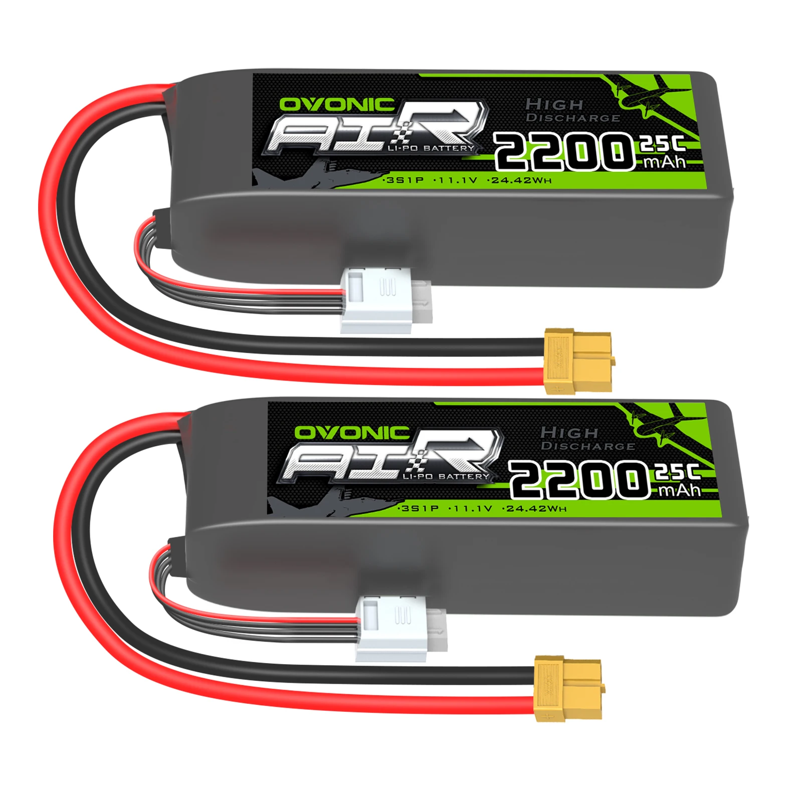 Batteria Lipo OVONIC 3S 25C 2200mAh 11,1V con spina XT60 per aereo RC, elicottero, quadricottero, camion RC (confezione da 2)